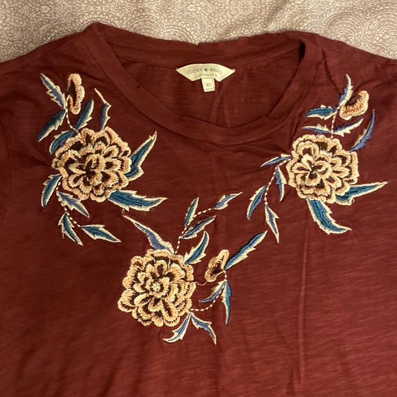 Lucky Brand Distressed Tee w/Embroidered Flowers - Picture 2 of 7